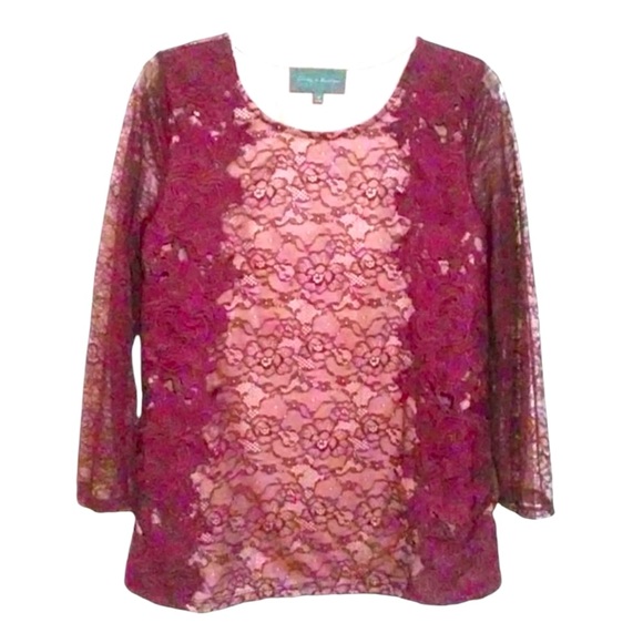 $148 Anthropologie Vintage Top Medium 6 8 Wine Lace Overlay 3/4 Sleeve Mixd Lace - Picture 1 of 16